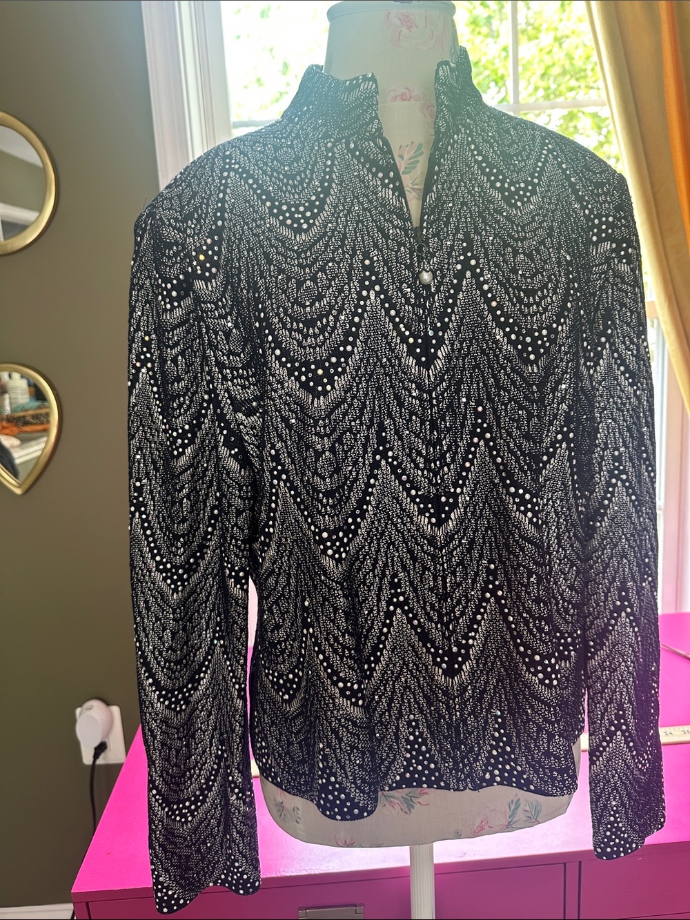 St. John Collection Navy & White Beaded Trench-Style Jacket